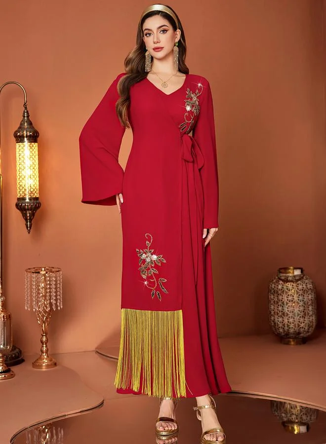 Take Two Women Red Rhinestone Embellished Golden Tassel Jalabiya
